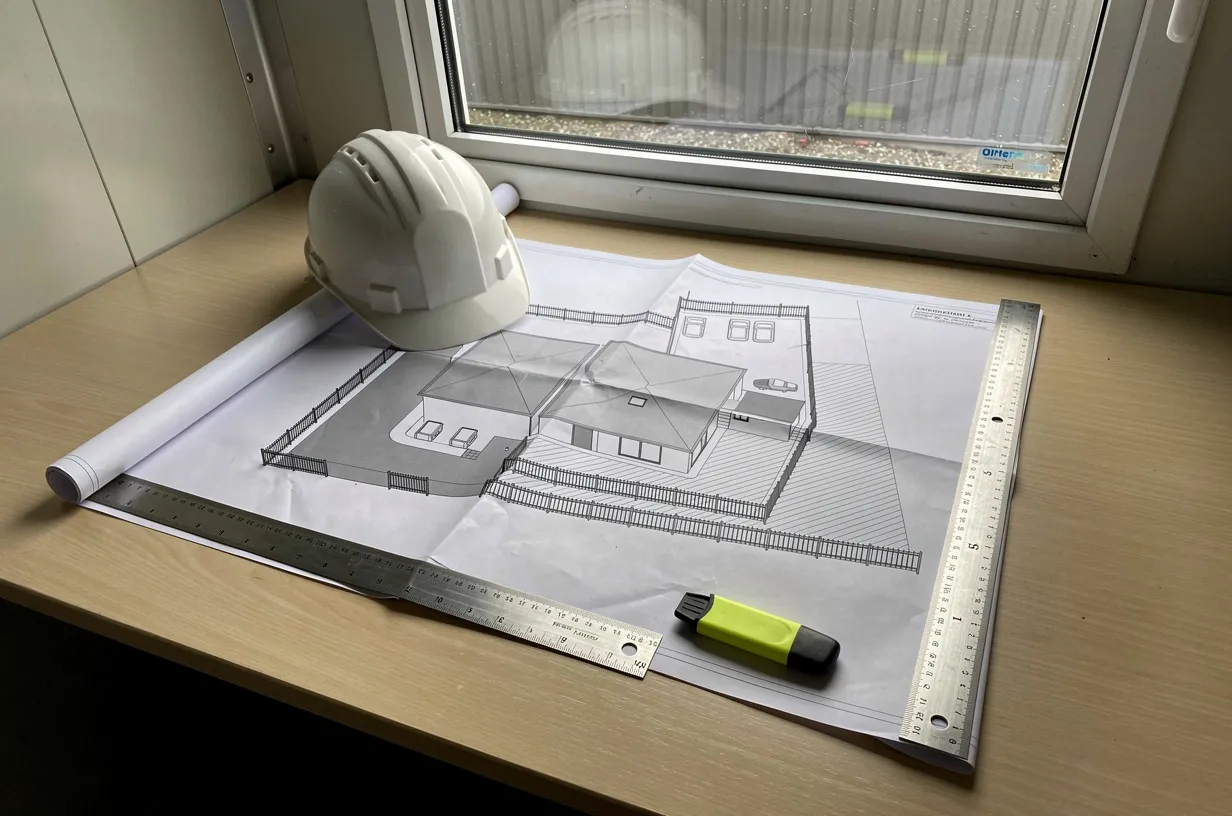 Ampliación en el patio de una planta industrial existente, con el área demarcada para la obra nueva