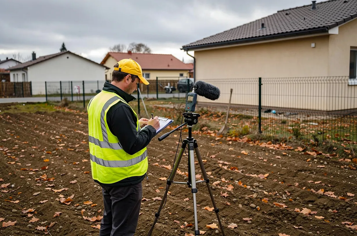 Profesional con chaleco reflectante registra datos junto a un sonómetro en trípode en un terreno donde se construirá un proyecto