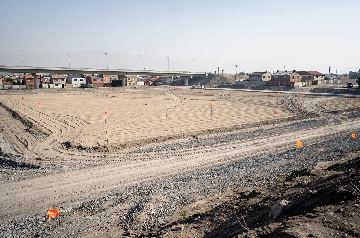 Gran terreno nivelado en la periferia de una ciudad, donde se emplazará un proyecto de gran escala