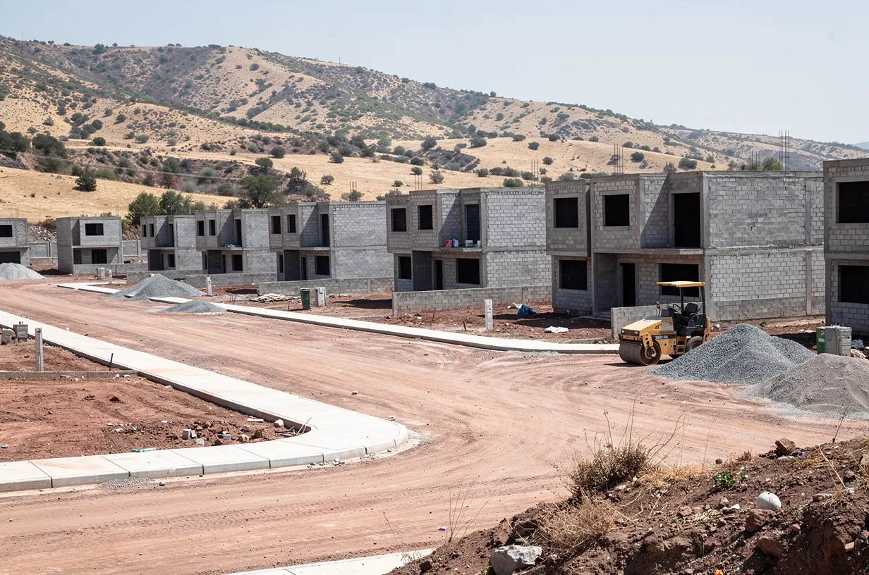Loteo habitacional en construcción en la periferia de una ciudad, con calles y soleras recién trazadas