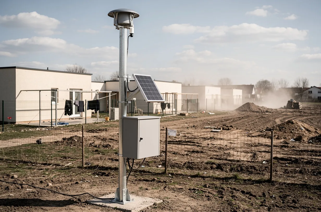 Equipo de monitoreo de calidad del aire con panel solar instalado junto a un loteo en construcción y casas vecinas